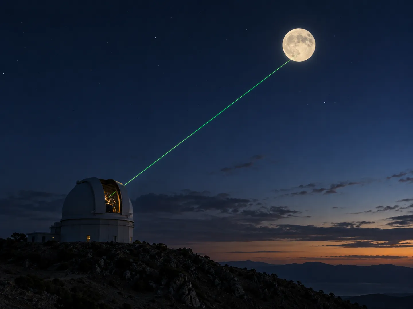 An observatory dome on a rocky hilltop at dusk sending a thin green laser beam towards a full Moon