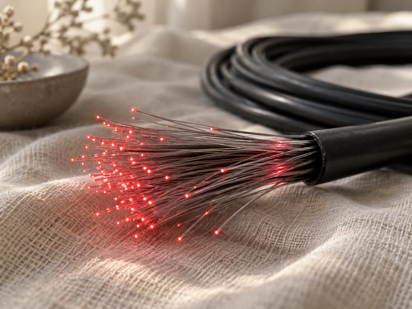 A bundle of thin optical fibre strands fanning out from a black cable, their tips glowing with tiny red points of light