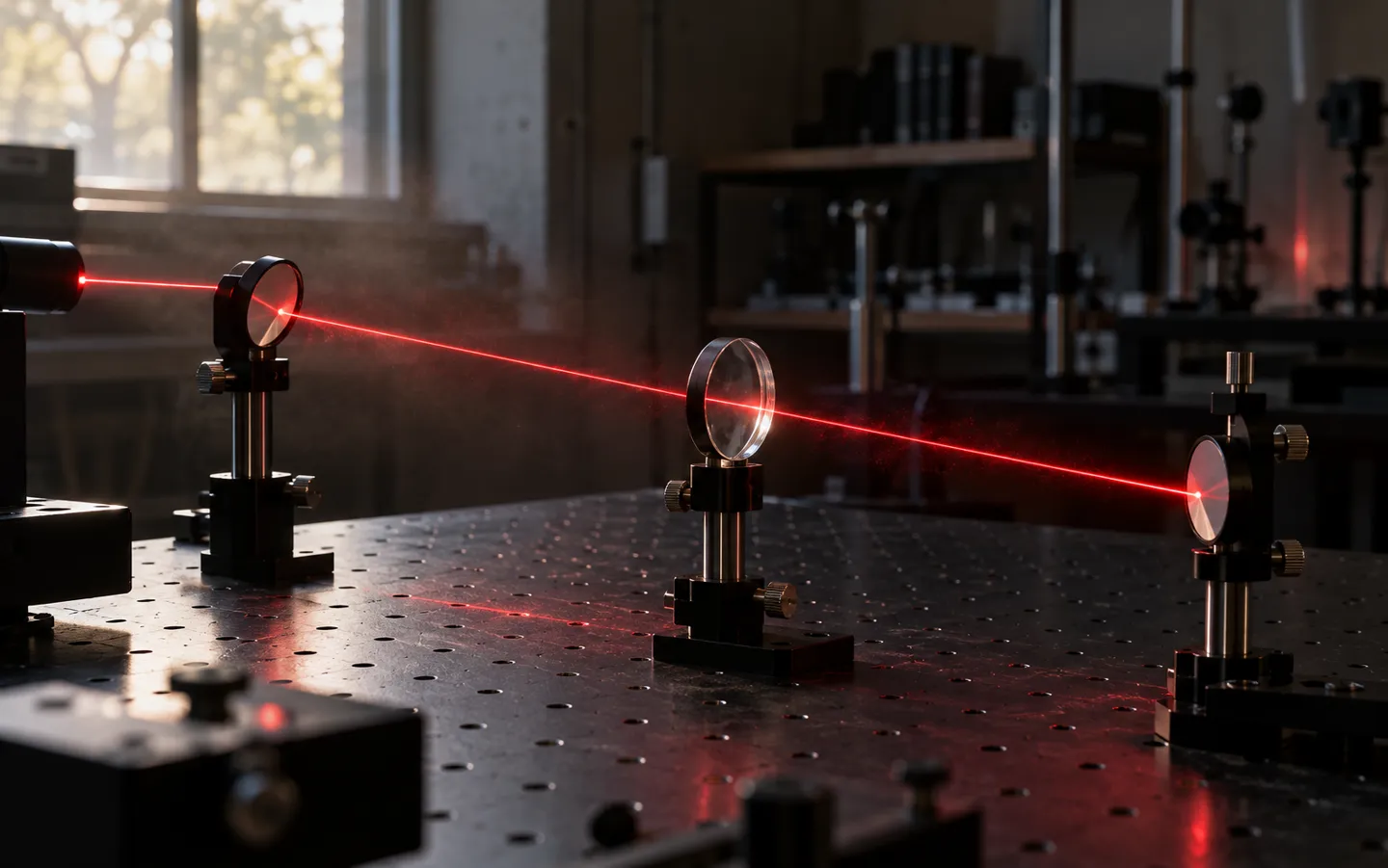 A thin red laser beam crossing a dark optical table, reflecting off two small round mirrors and passing through a glass lens